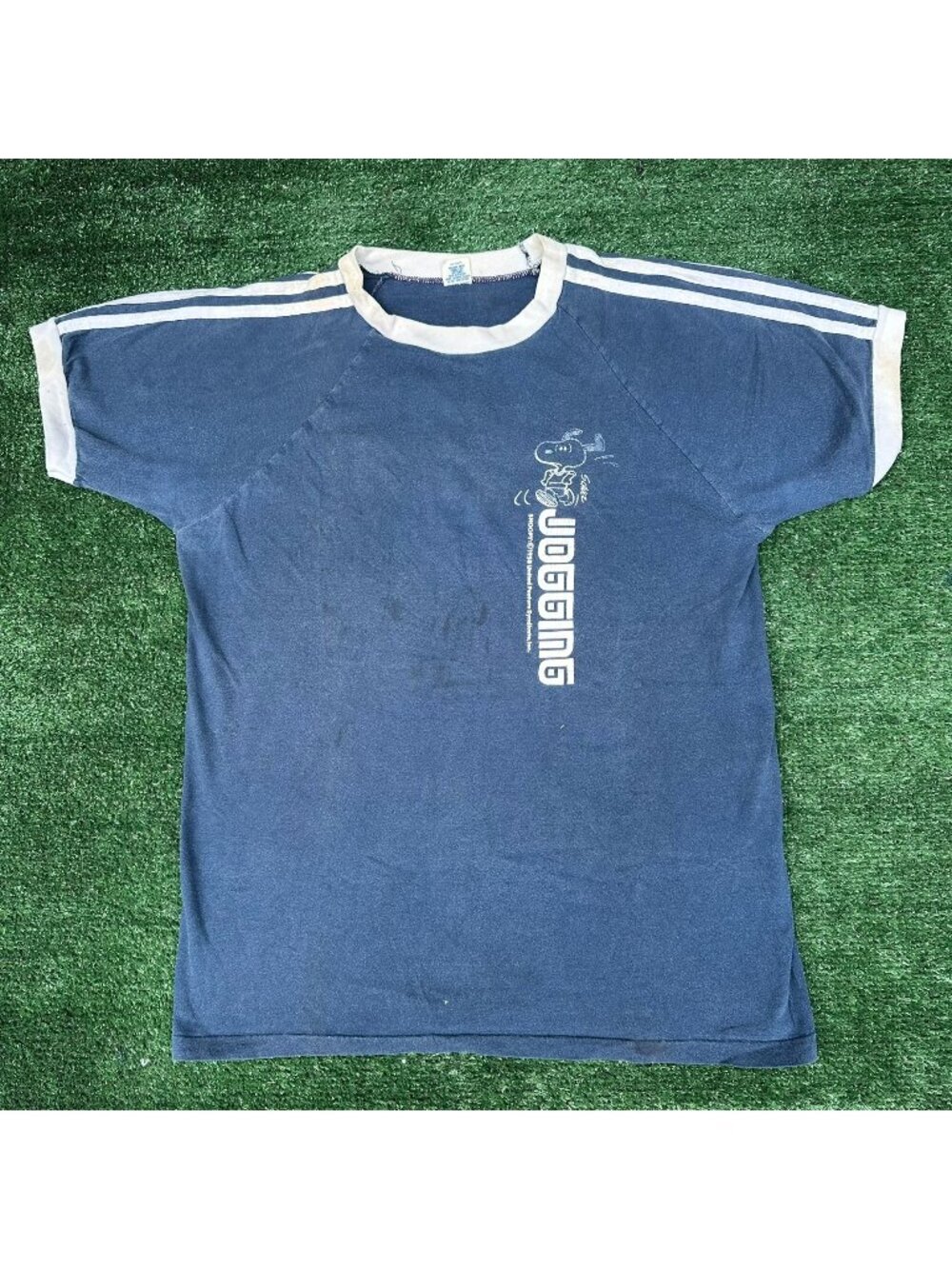 Vintage 70s Peanuts Snoopy Jogging Ringer T-Shirt Navy L Single Stitch Sporty
